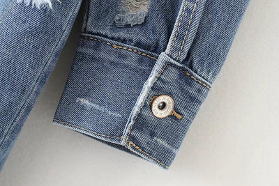 Washed Hole Boyfriend Style Loose Denim Blue Long Jacket