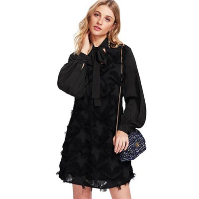 Tie Neck Semi Sheer Sleeve Fringe Tunic Dress
