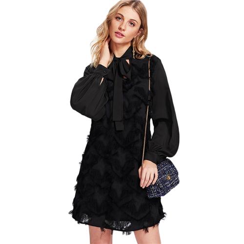 Tie Neck Semi Sheer Sleeve Fringe Tunic Dress