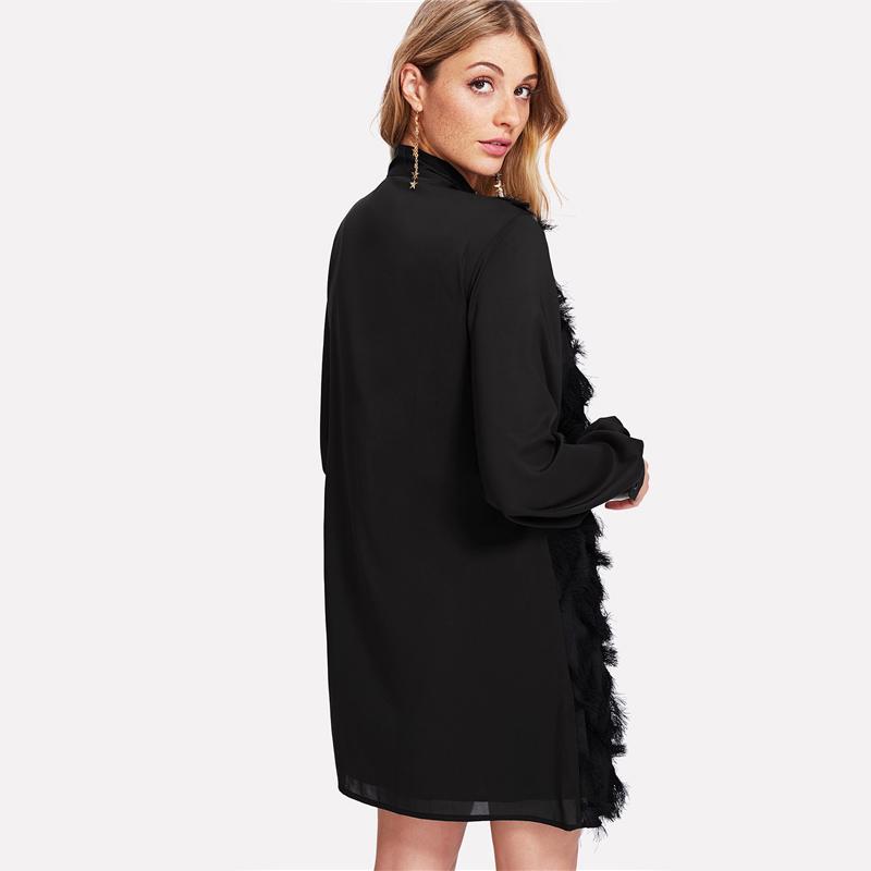 Tie Neck Semi Sheer Sleeve Fringe Tunic Dress