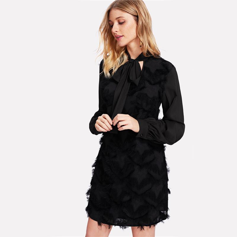 Tie Neck Semi Sheer Sleeve Fringe Tunic Dress