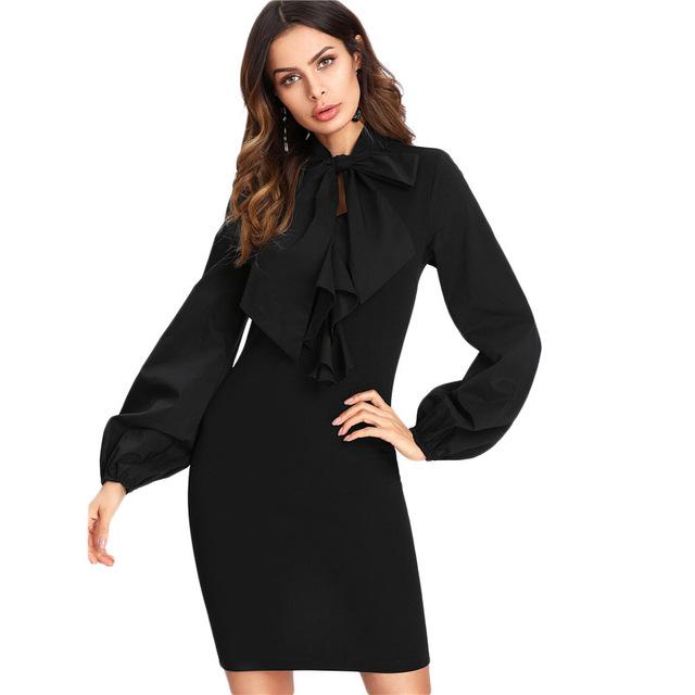 Tie Neck Bow Lantern Sleeve Fitted Dress