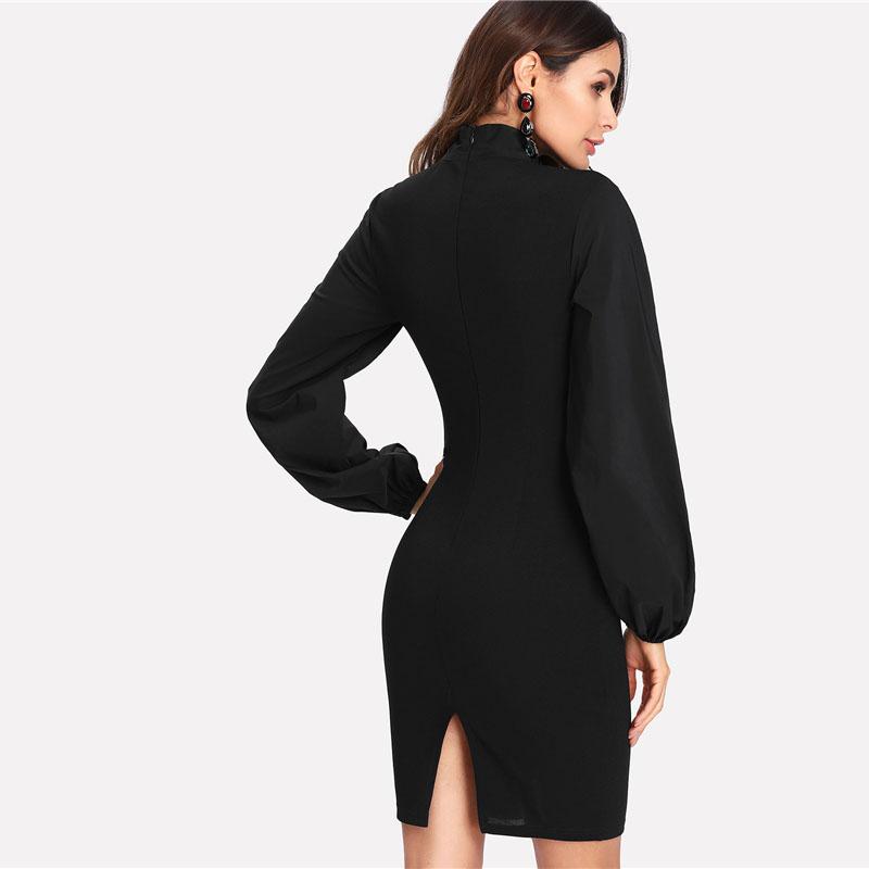 Tie Neck Bow Lantern Sleeve Fitted Dress