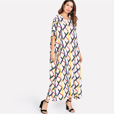 Geometric Print V-neck Short Sleeve Loose Maxi