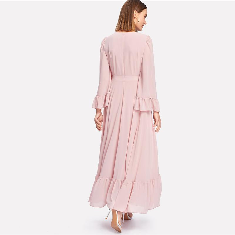 Spring Autumn Flounce Long Sleeve A Line Maxi Dress