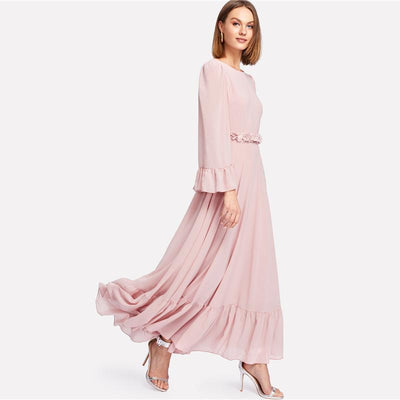Spring Autumn Flounce Long Sleeve A Line Maxi Dress