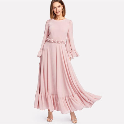 Spring Autumn Flounce Long Sleeve A Line Maxi Dress