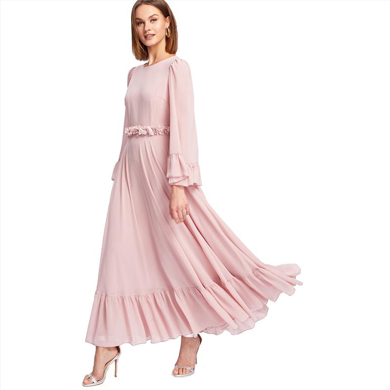 Spring Autumn Flounce Long Sleeve A Line Maxi Dress