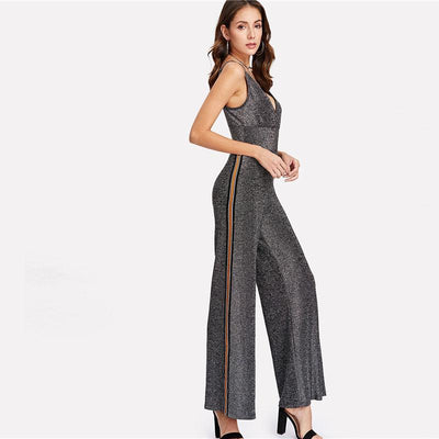 High Waist Deep V Neck Spaghetti Strap Sleeveless Jumpsuit