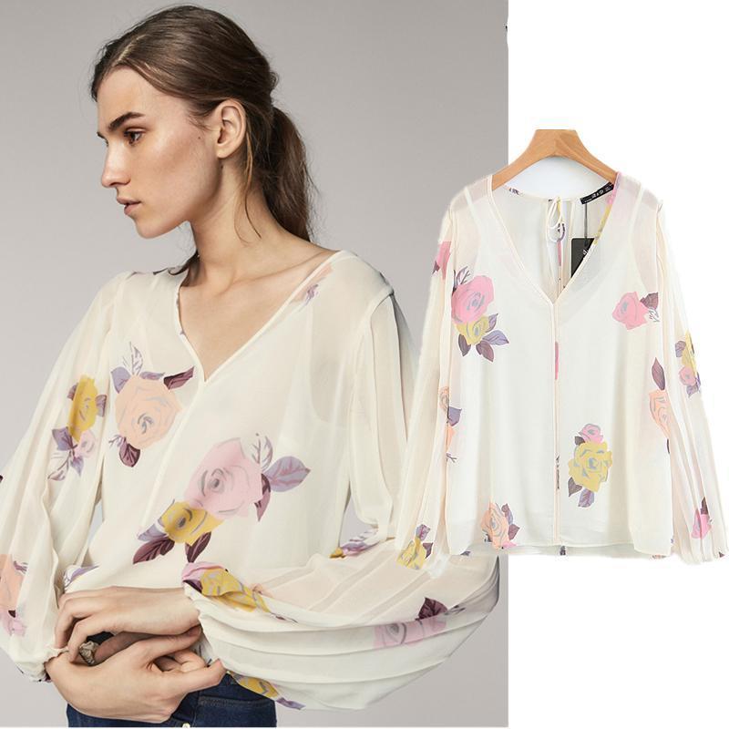 England Style Chiffon V-neck Lantern Sleeve Printing Shirt