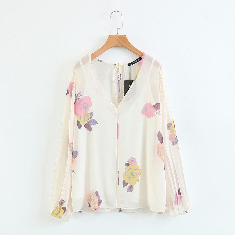 England Style Chiffon V-neck Lantern Sleeve Printing Shirt