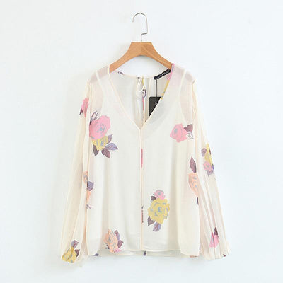 England Style Chiffon V-neck Lantern Sleeve Printing Shirt