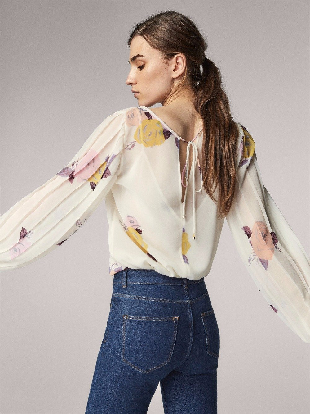 England Style Chiffon V-neck Lantern Sleeve Printing Shirt