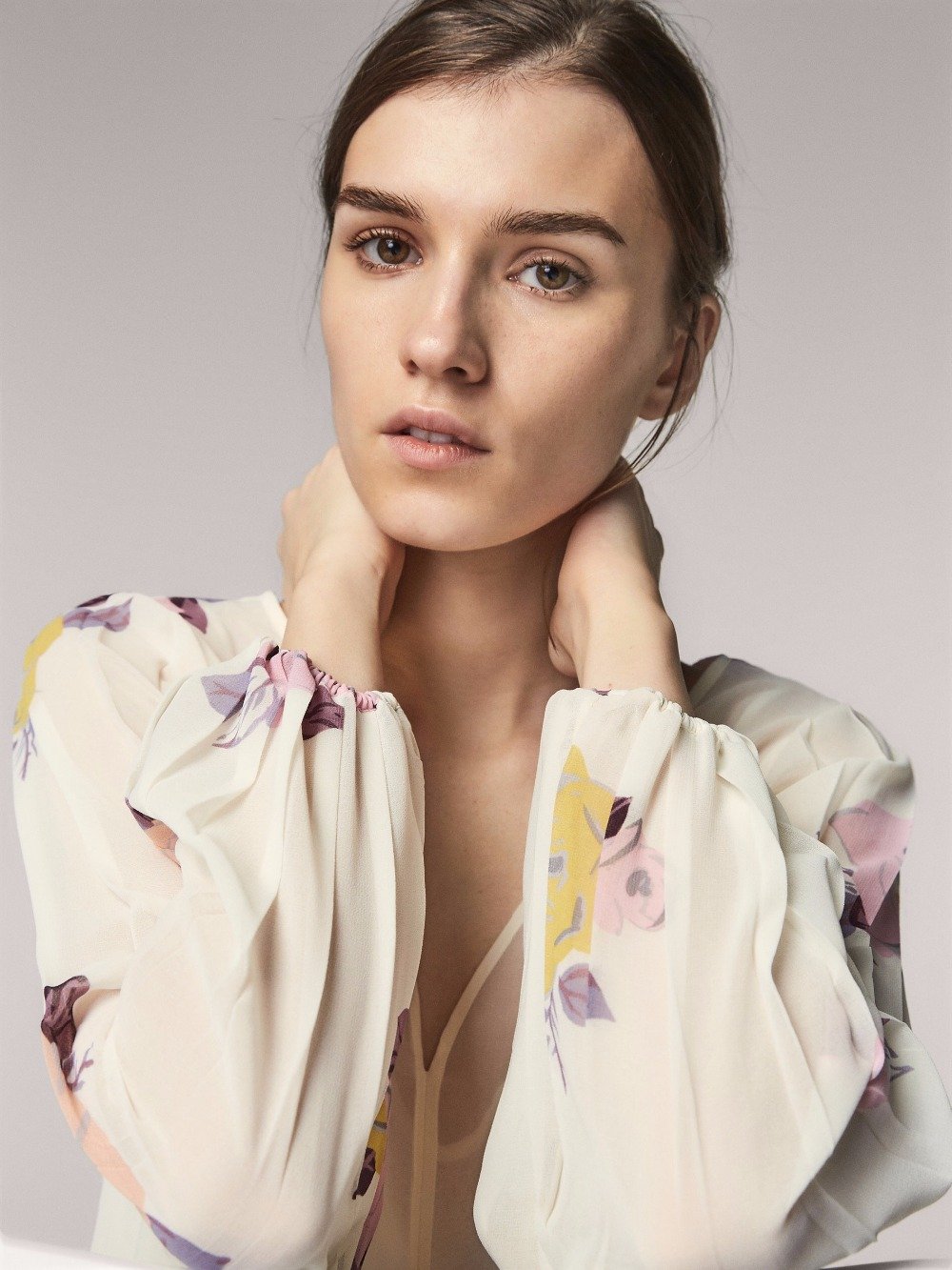 England Style Chiffon V-neck Lantern Sleeve Printing Shirt
