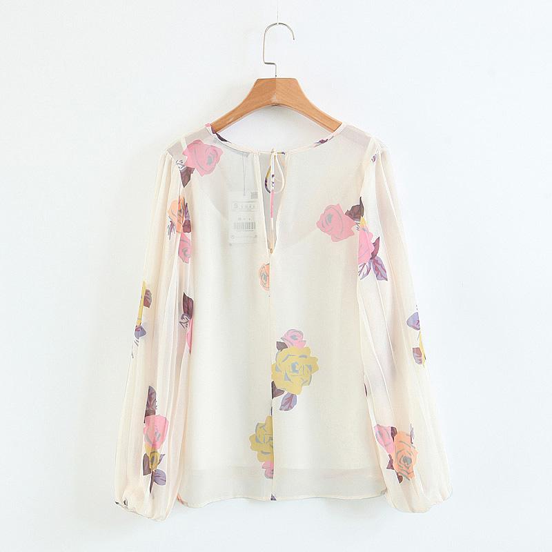 England Style Chiffon V-neck Lantern Sleeve Printing Shirt