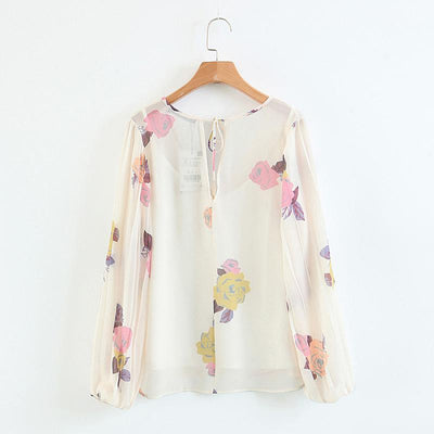 England Style Chiffon V-neck Lantern Sleeve Printing Shirt