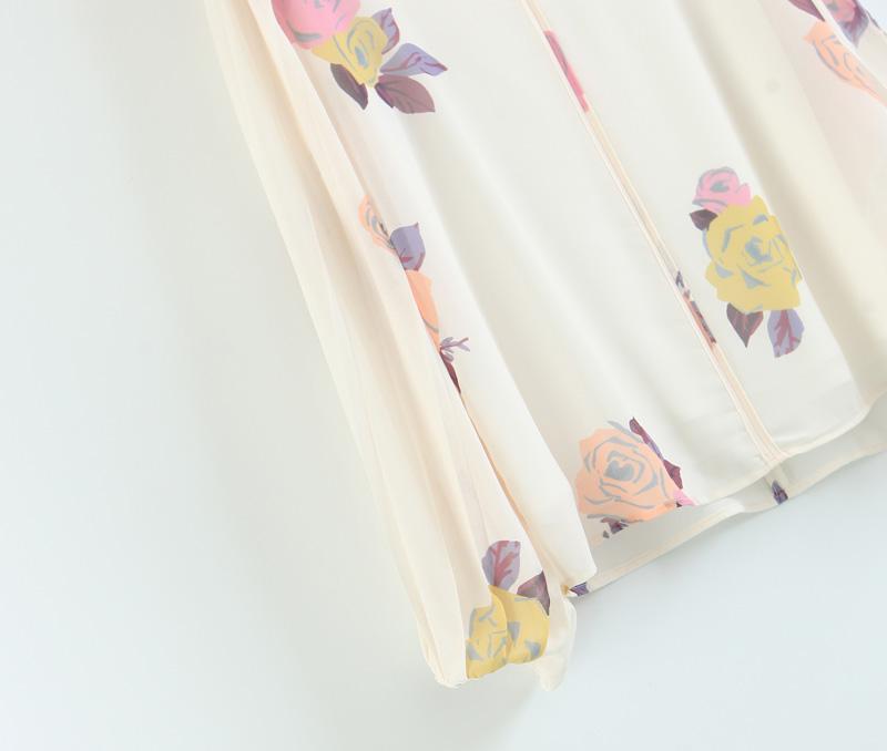 England Style Chiffon V-neck Lantern Sleeve Printing Shirt