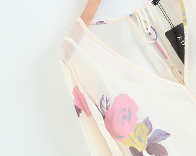 England Style Chiffon V-neck Lantern Sleeve Printing Shirt