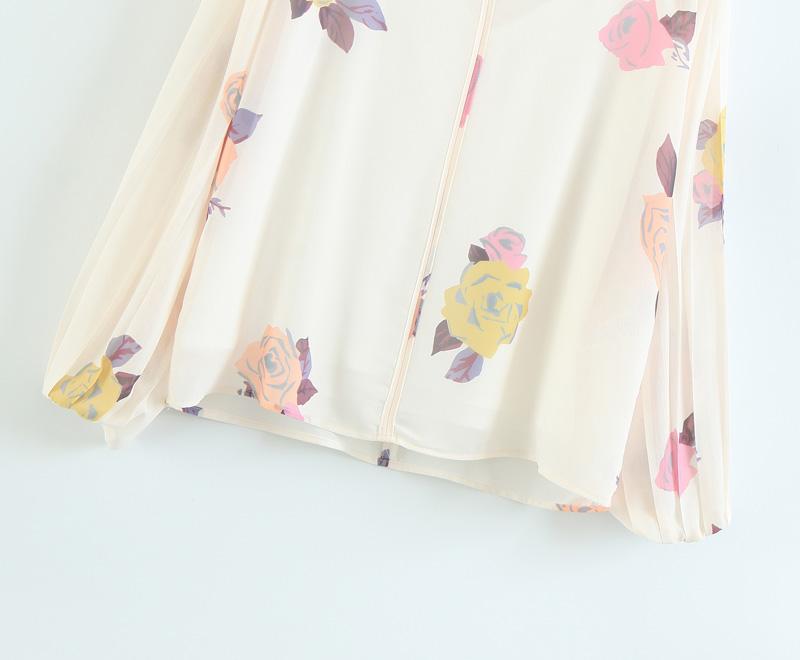 England Style Chiffon V-neck Lantern Sleeve Printing Shirt