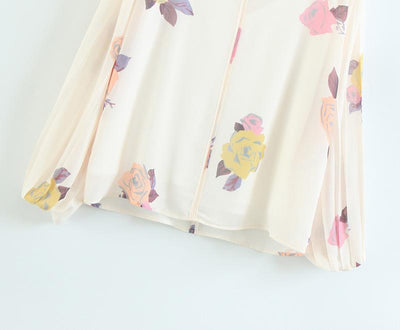 England Style Chiffon V-neck Lantern Sleeve Printing Shirt
