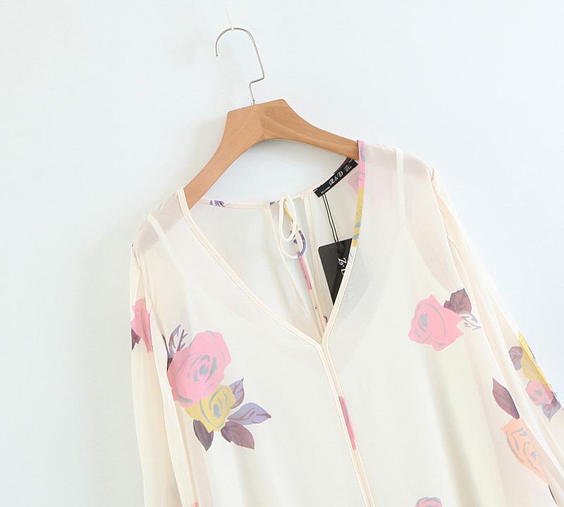 England Style Chiffon V-neck Lantern Sleeve Printing Shirt