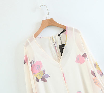 England Style Chiffon V-neck Lantern Sleeve Printing Shirt