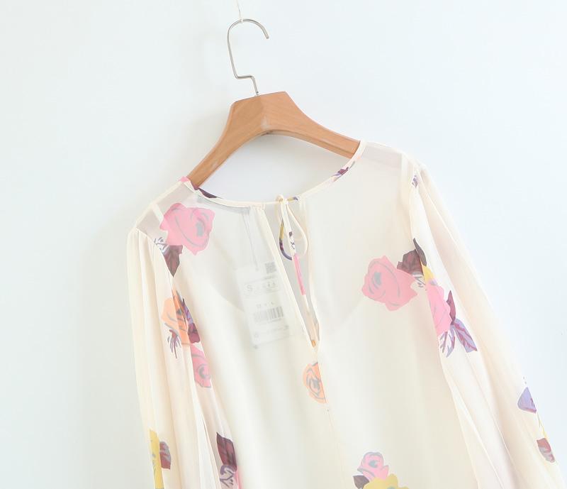 England Style Chiffon V-neck Lantern Sleeve Printing Shirt