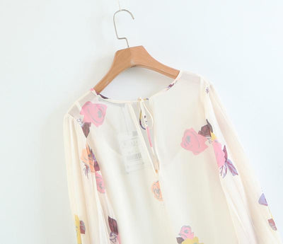 England Style Chiffon V-neck Lantern Sleeve Printing Shirt