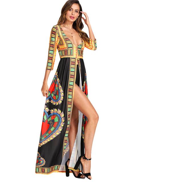 Geometric Print Deep V-neck 3/4 Sleeve Tribal Long Maxi