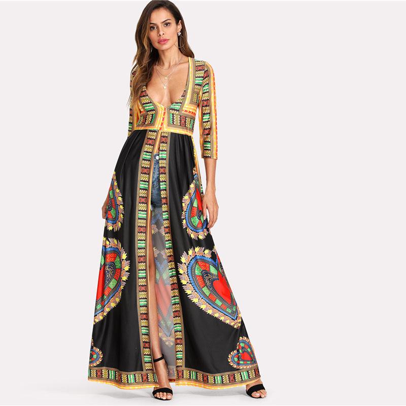 Geometric Print Deep V-neck 3/4 Sleeve Tribal Long Maxi