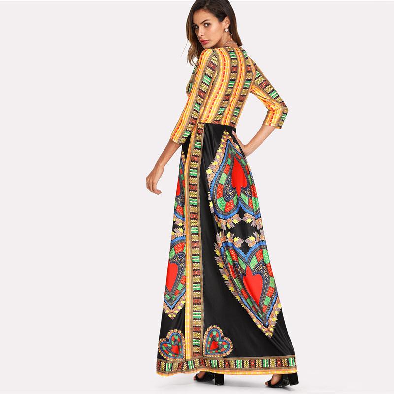 Geometric Print Deep V-neck 3/4 Sleeve Tribal Long Maxi