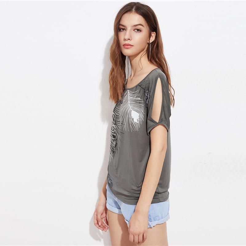Feather Print Scoop Neck Short Sleeve Tribal Tops
