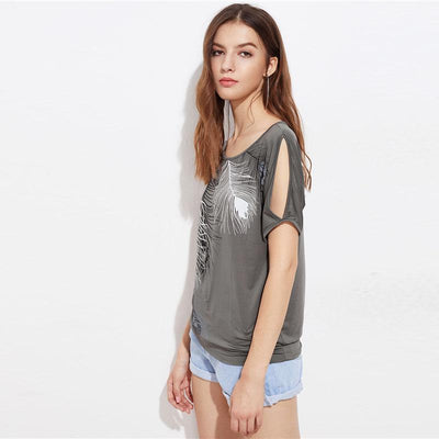 Feather Print Scoop Neck Short Sleeve Tribal Tops