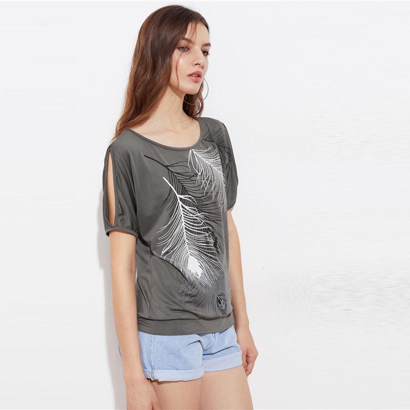 Feather Print Scoop Neck Short Sleeve Tribal Tops