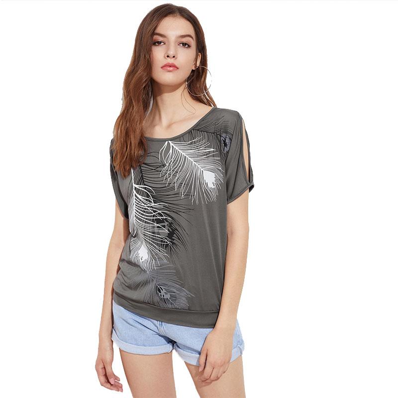 Feather Print Scoop Neck Short Sleeve Tribal Tops
