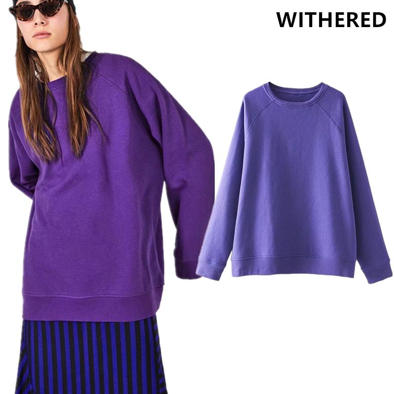 High Street Purple Color O-neck Loose Drop-shoulder Tops