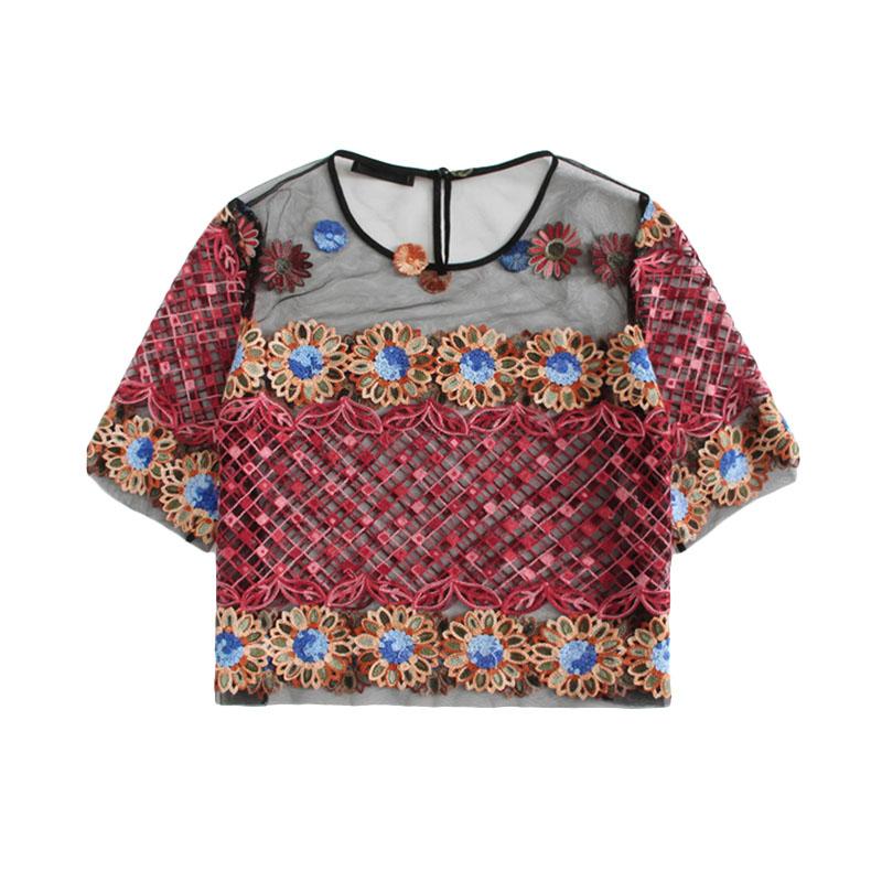 Flower Embroidery Mesh Crop Blouse