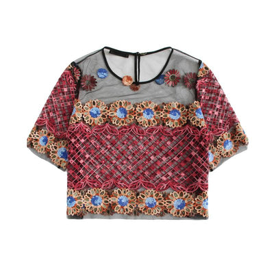 Flower Embroidery Mesh Crop Blouse