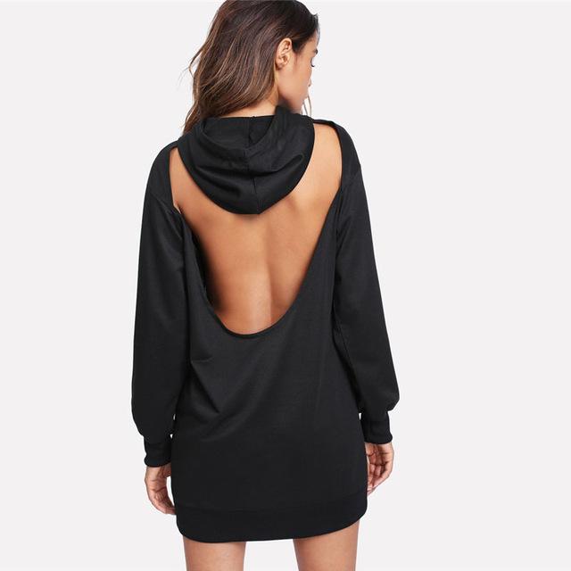 Open Back Long Sleeve Drawstring Hoodie Dress