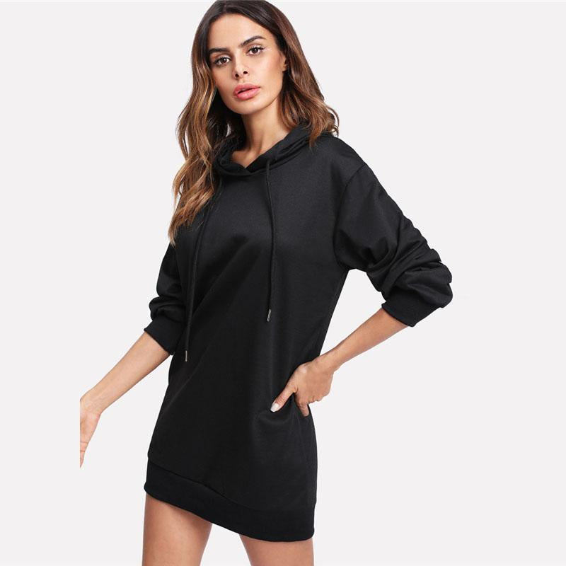 Open Back Long Sleeve Drawstring Hoodie Dress