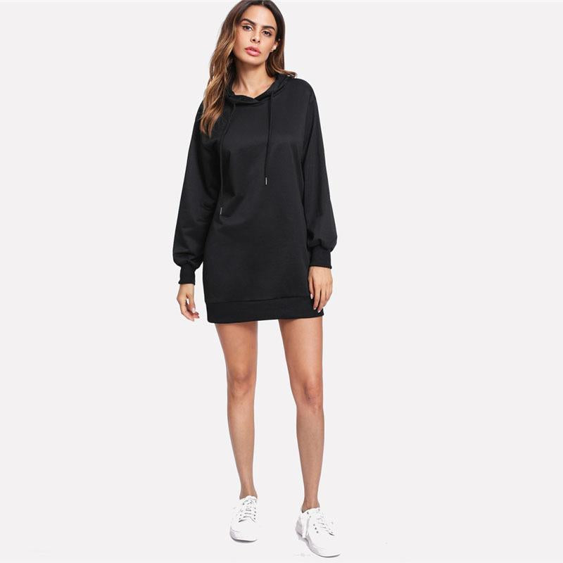 Open Back Long Sleeve Drawstring Hoodie Dress