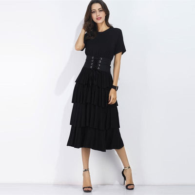 O Neck Short Sleeve A Line Casual Midi Dress