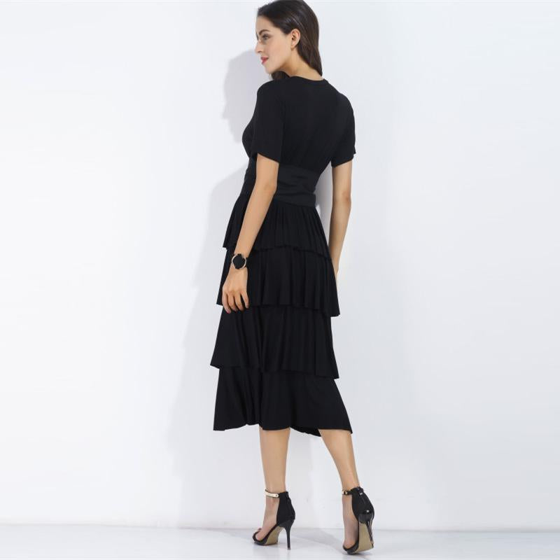 O Neck Short Sleeve A Line Casual Midi Dress