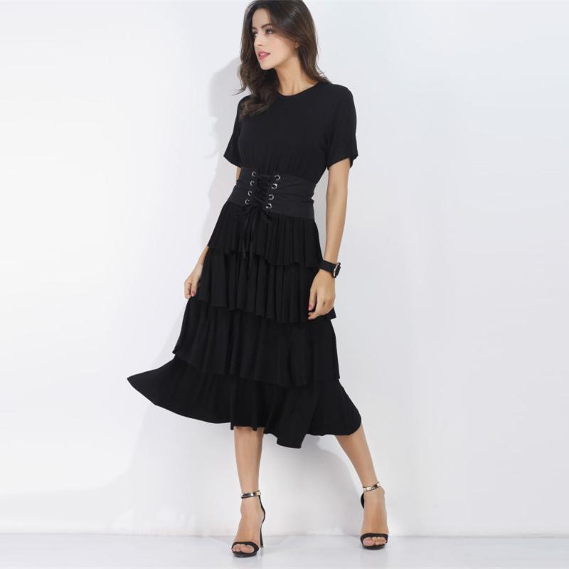 O Neck Short Sleeve A Line Casual Midi Dress