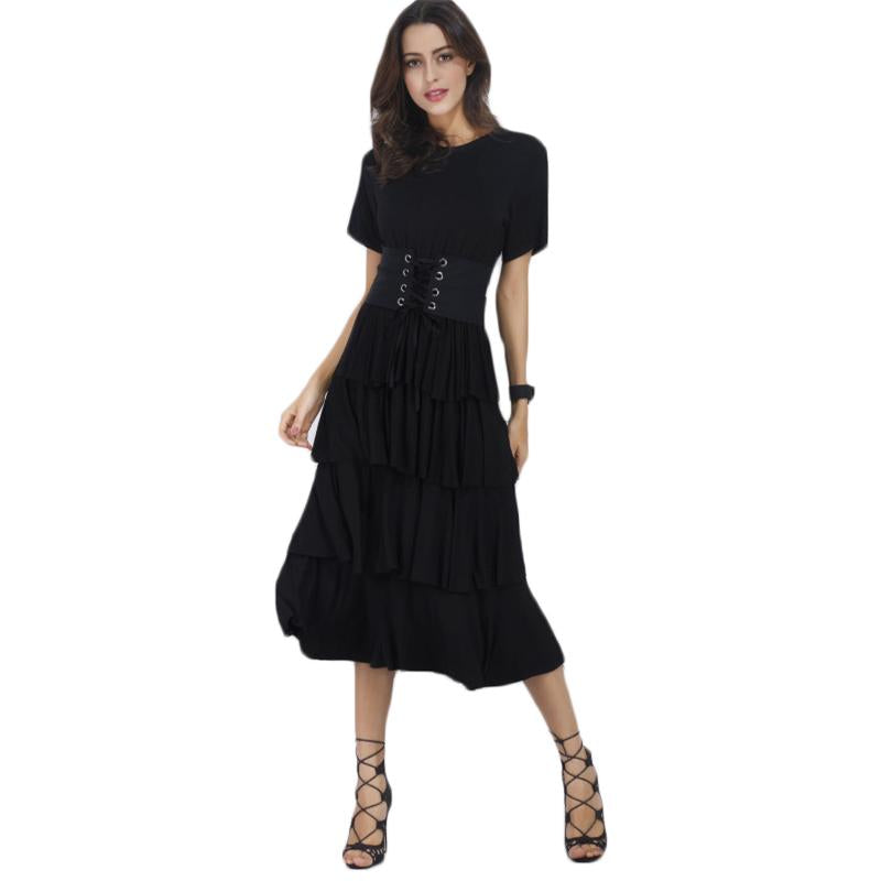 O Neck Short Sleeve A Line Casual Midi Dress