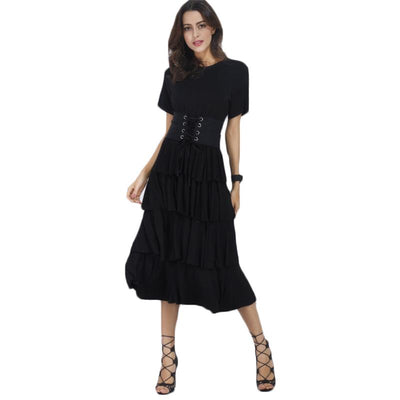 O Neck Short Sleeve A Line Casual Midi Dress