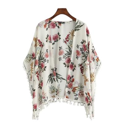 Floral Print Casual Half Sleeve Fringe Tops