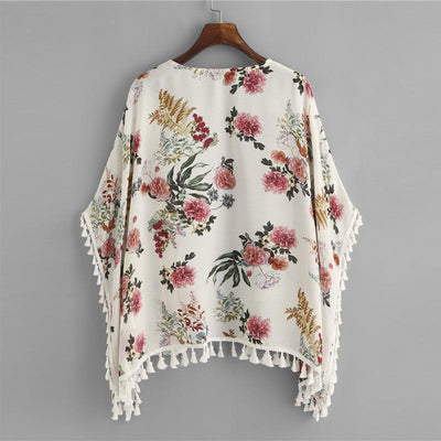 Floral Print Casual Half Sleeve Fringe Tops