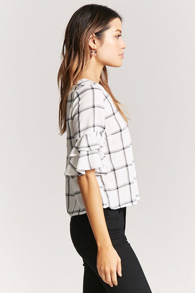 Cotton And Linen O-neck Flare Sleeve Ruffles Blouses