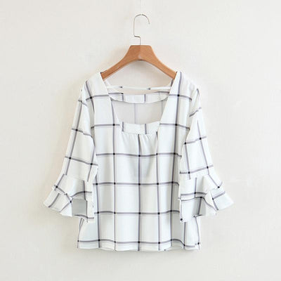 Cotton And Linen O-neck Flare Sleeve Ruffles Blouses